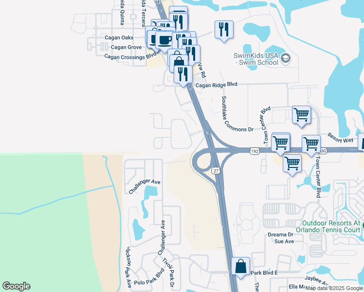 map of restaurants, bars, coffee shops, grocery stores, and more near 148 Summer Place Loop in Clermont