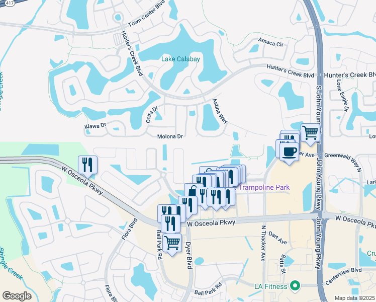 map of restaurants, bars, coffee shops, grocery stores, and more near 3264 Hawk's Nest Drive in Kissimmee