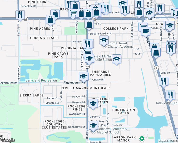 map of restaurants, bars, coffee shops, grocery stores, and more near 985 South Fiske Boulevard in Rockledge
