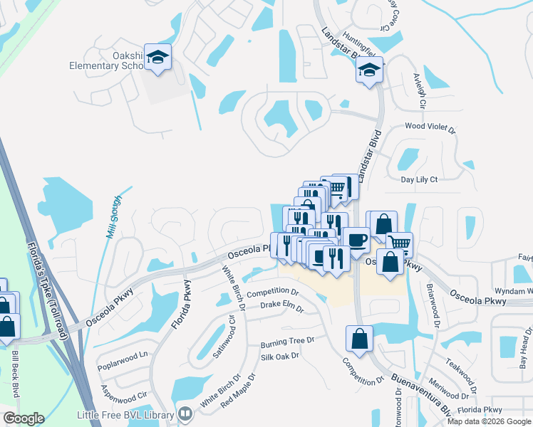 map of restaurants, bars, coffee shops, grocery stores, and more near 1901 East Osceola Parkway in Kissimmee