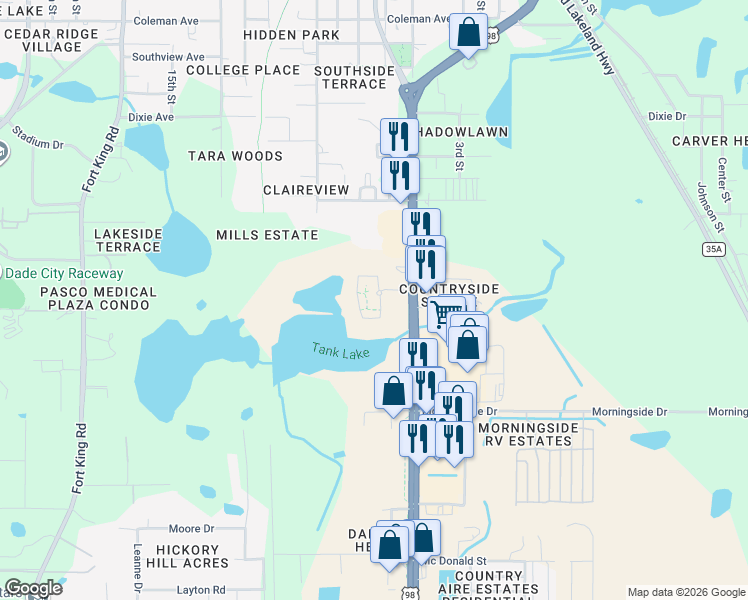map of restaurants, bars, coffee shops, grocery stores, and more near 13035 U.S. 301 in Dade City