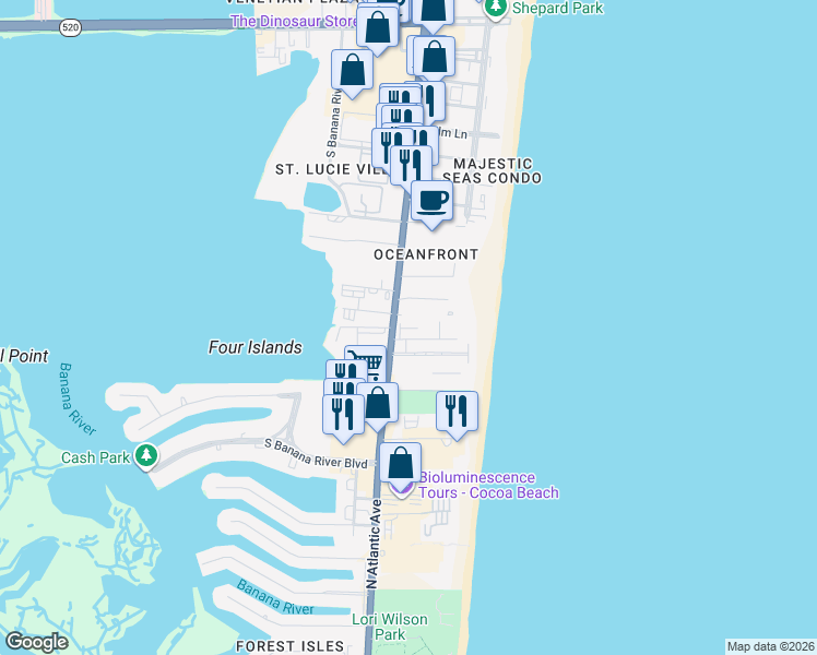 map of restaurants, bars, coffee shops, grocery stores, and more near 3160 North Atlantic Avenue in Cocoa Beach