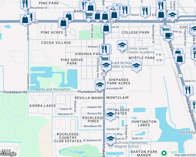map of restaurants, bars, coffee shops, grocery stores, and more near 899 South Kentucky Avenue in Rockledge