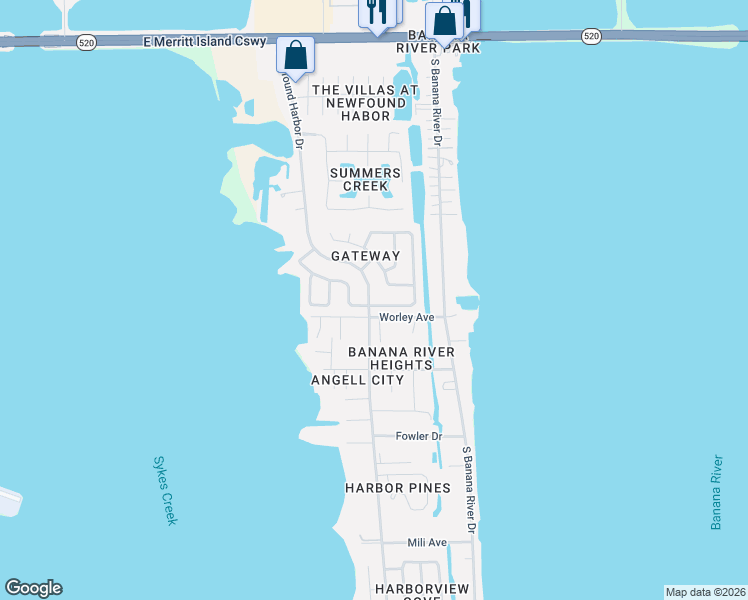 map of restaurants, bars, coffee shops, grocery stores, and more near 595 Gateway Drive in Merritt Island
