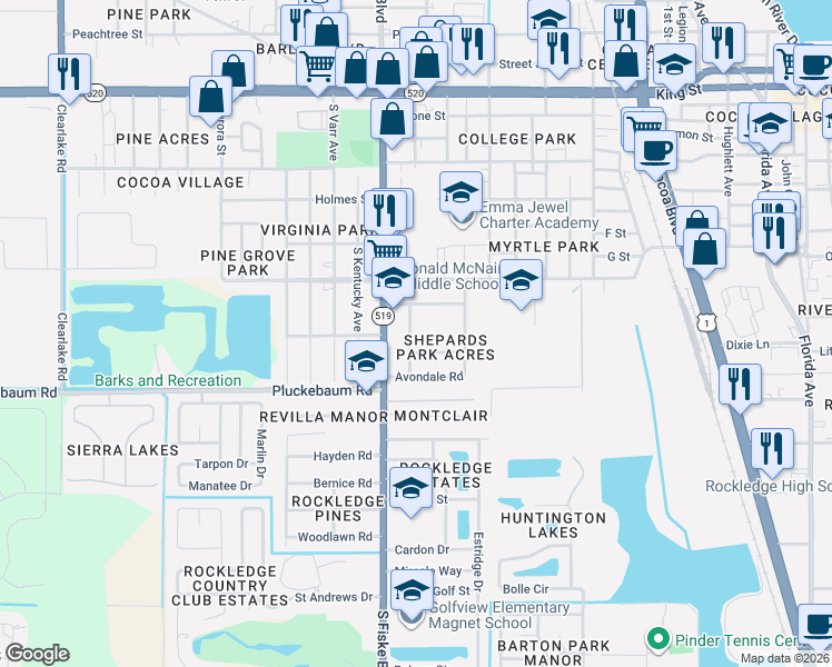 map of restaurants, bars, coffee shops, grocery stores, and more near 985 South Fiske Boulevard in Rockledge