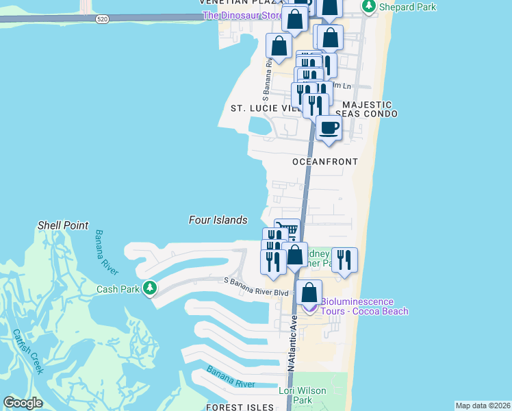 map of restaurants, bars, coffee shops, grocery stores, and more near 190 Seminole Lane in Cocoa Beach
