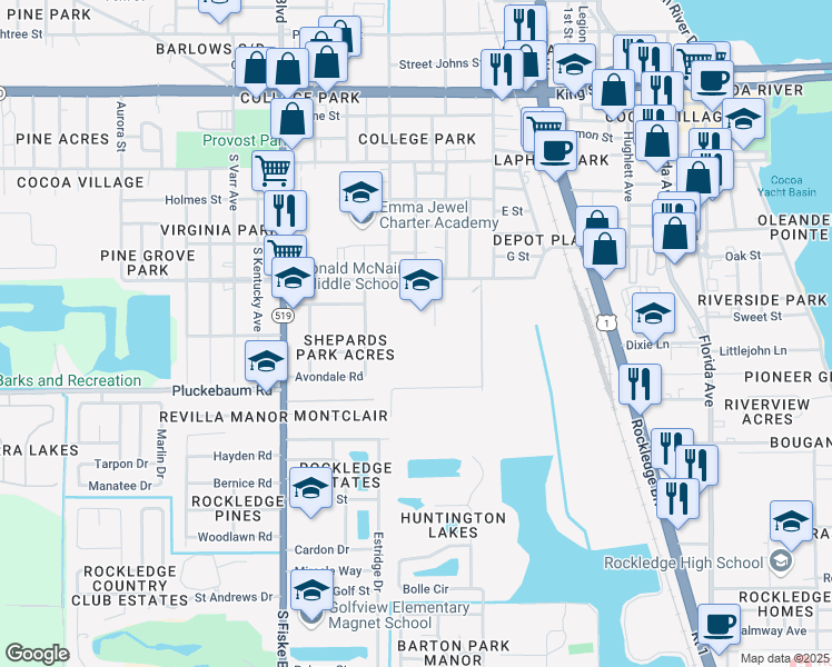 map of restaurants, bars, coffee shops, grocery stores, and more near 1 Challenger Drive in Rockledge