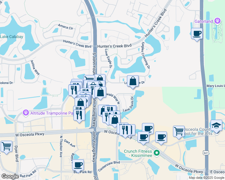 map of restaurants, bars, coffee shops, grocery stores, and more near in Osceola County