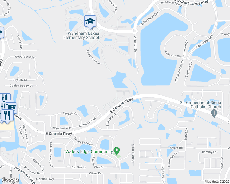 map of restaurants, bars, coffee shops, grocery stores, and more near 3264 Sandy Shore Lane in Kissimmee