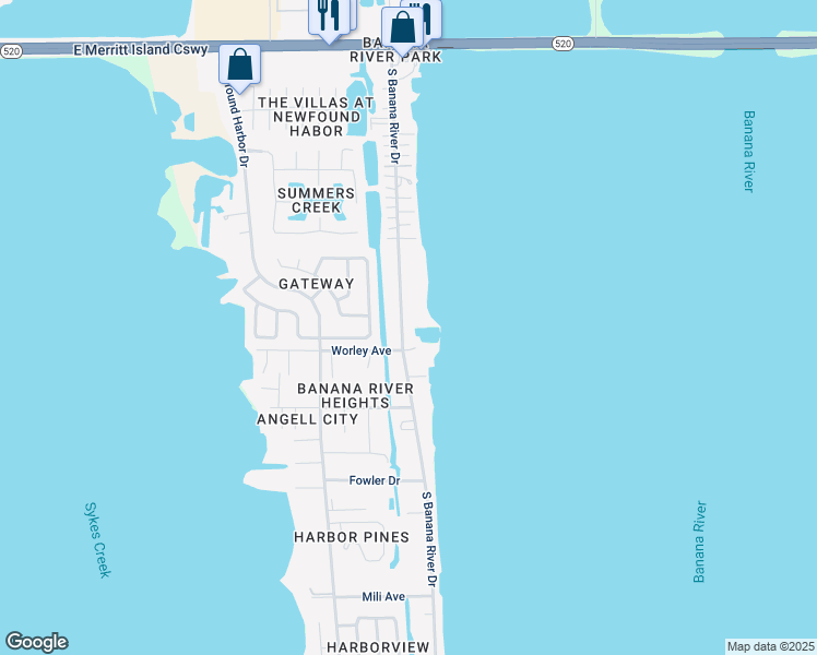 map of restaurants, bars, coffee shops, grocery stores, and more near 550 North Banana River Drive in Merritt Island