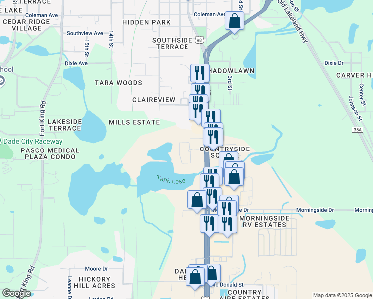 map of restaurants, bars, coffee shops, grocery stores, and more near 13035 U.S. 301 in Dade City
