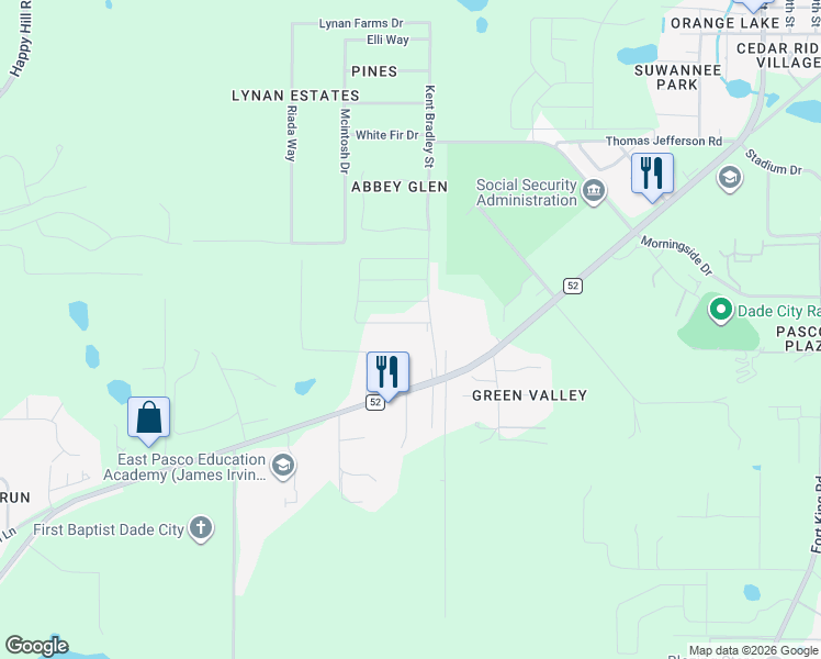 map of restaurants, bars, coffee shops, grocery stores, and more near 36145 State Road 52 in Dade City