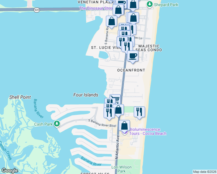 map of restaurants, bars, coffee shops, grocery stores, and more near 3165 North Atlantic Avenue in Cocoa Beach