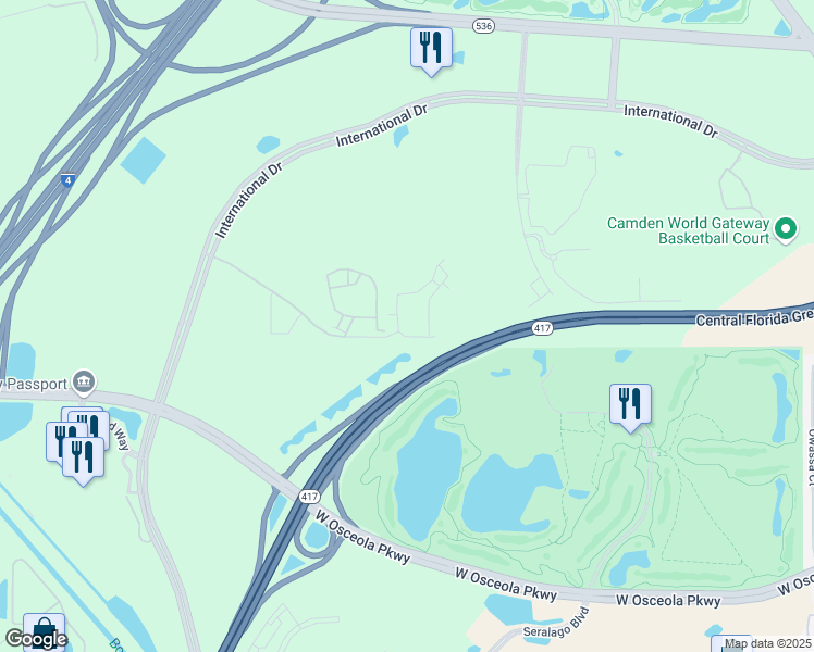map of restaurants, bars, coffee shops, grocery stores, and more near 9000 Avenue Pointe Circle in Orlando