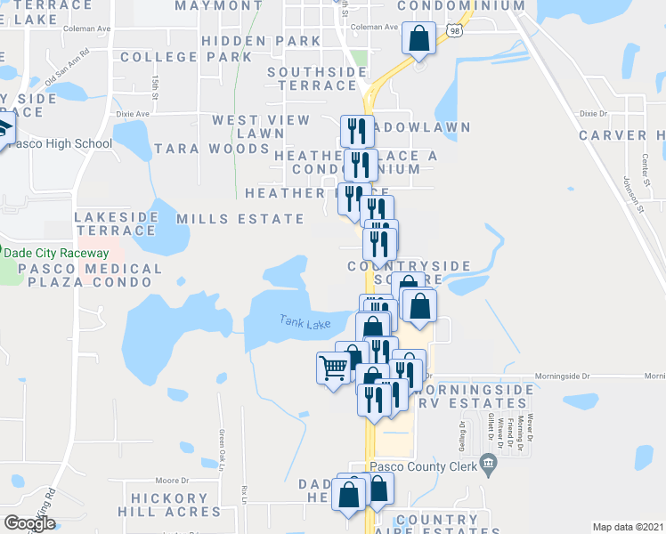 map of restaurants, bars, coffee shops, grocery stores, and more near 13035 U.S. 301 in Dade City