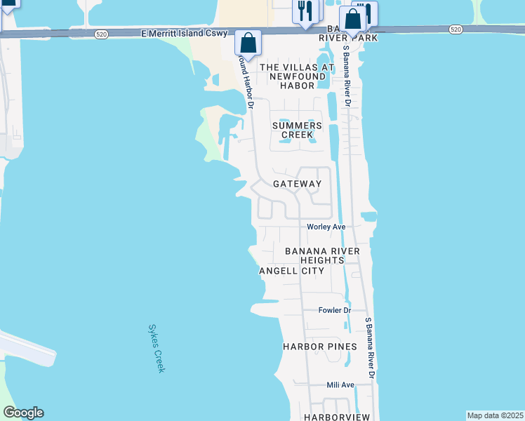 map of restaurants, bars, coffee shops, grocery stores, and more near 530 West Gateway Court in Merritt Island