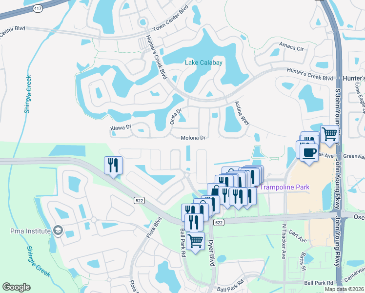 map of restaurants, bars, coffee shops, grocery stores, and more near 3209 Heron's Point Circle in Kissimmee