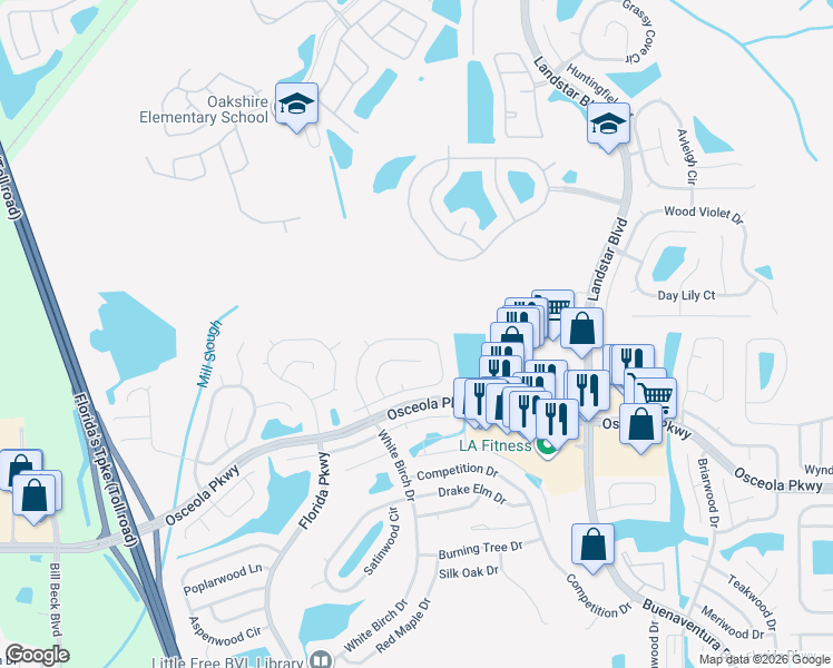 map of restaurants, bars, coffee shops, grocery stores, and more near 154 Seabreeze Circle in Kissimmee