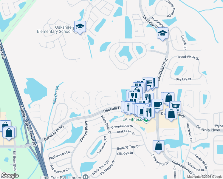 map of restaurants, bars, coffee shops, grocery stores, and more near 154 Seabreeze Circle in Kissimmee