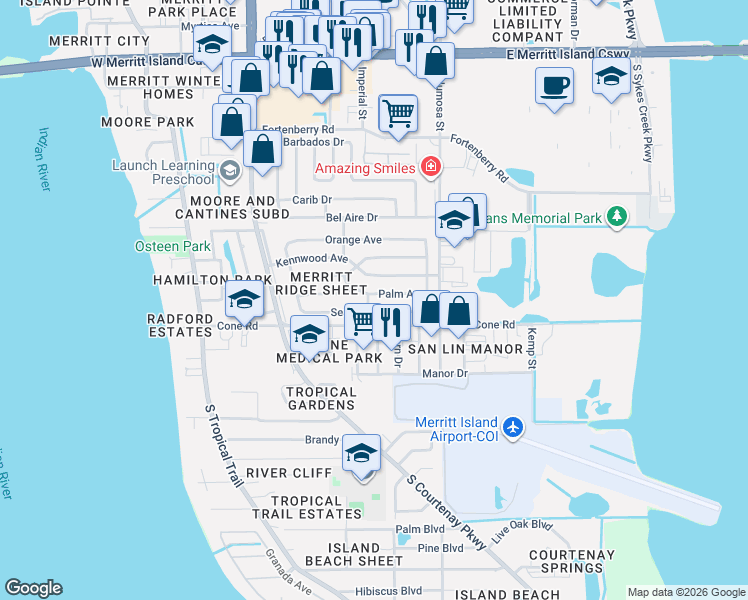 map of restaurants, bars, coffee shops, grocery stores, and more near 504 Palm Avenue in Merritt Island