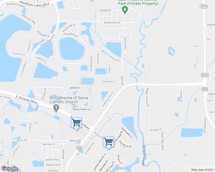 map of restaurants, bars, coffee shops, grocery stores, and more near 3237 Amberley Park Circle in Kissimmee
