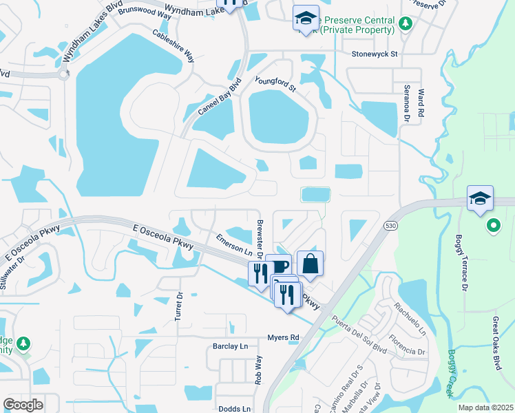 map of restaurants, bars, coffee shops, grocery stores, and more near 1848 Penrith Loop in Orlando