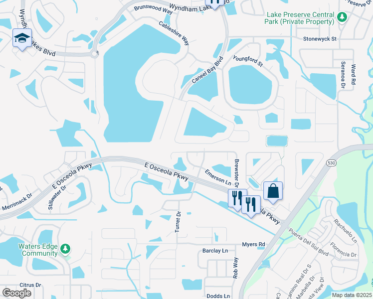 map of restaurants, bars, coffee shops, grocery stores, and more near 2639 Walden Court in Kissimmee