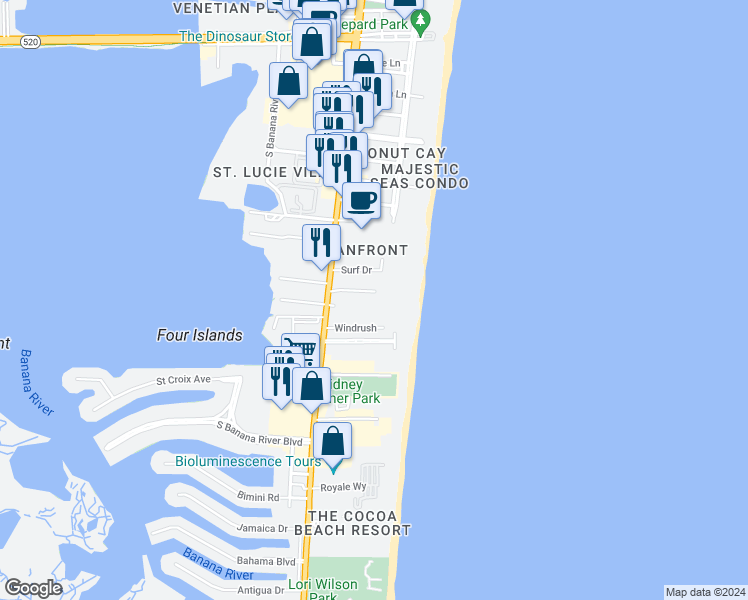 map of restaurants, bars, coffee shops, grocery stores, and more near 126 Surf Drive in Cocoa Beach