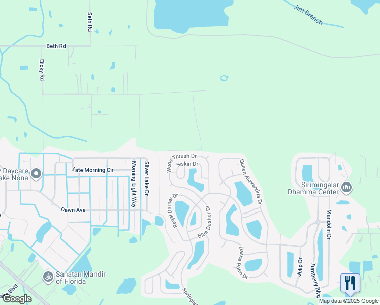 map of restaurants, bars, coffee shops, grocery stores, and more near 3856 Wood Thrush Drive in Kissimmee