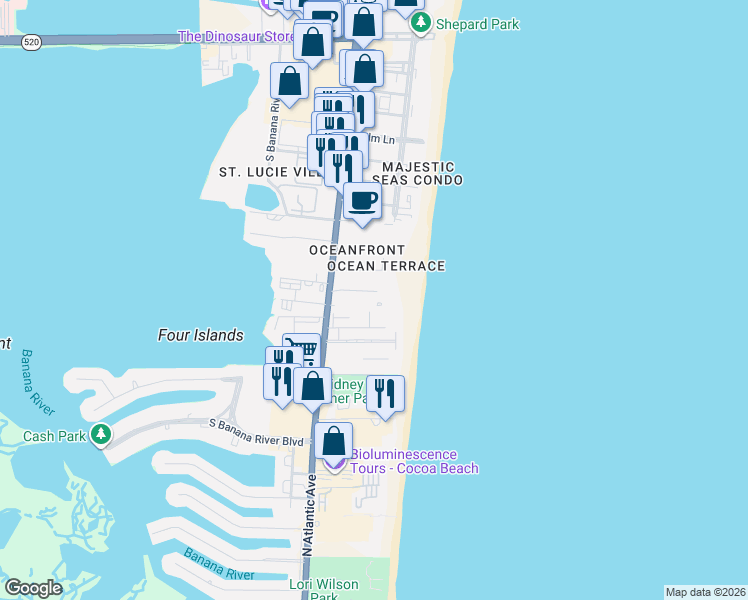 map of restaurants, bars, coffee shops, grocery stores, and more near 126 Surf Drive in Cocoa Beach