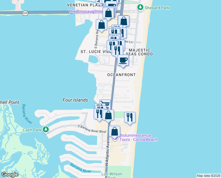map of restaurants, bars, coffee shops, grocery stores, and more near 3201 North Atlantic Avenue in Cocoa Beach