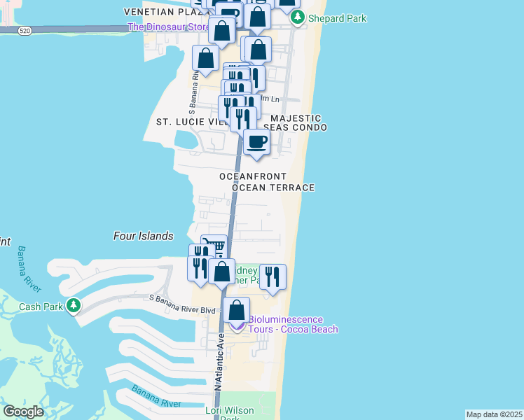 map of restaurants, bars, coffee shops, grocery stores, and more near 126 Surf Drive in Cocoa Beach