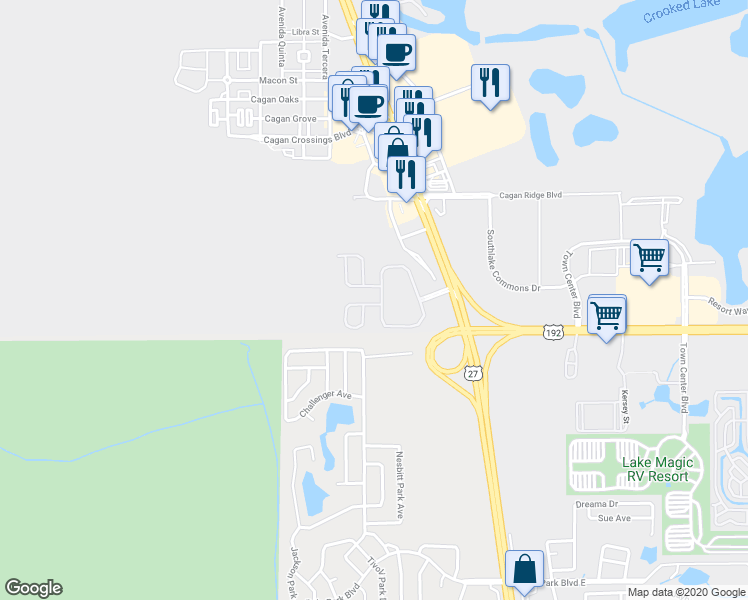 map of restaurants, bars, coffee shops, grocery stores, and more near 16606 Lazy Breeze Loop in Clermont