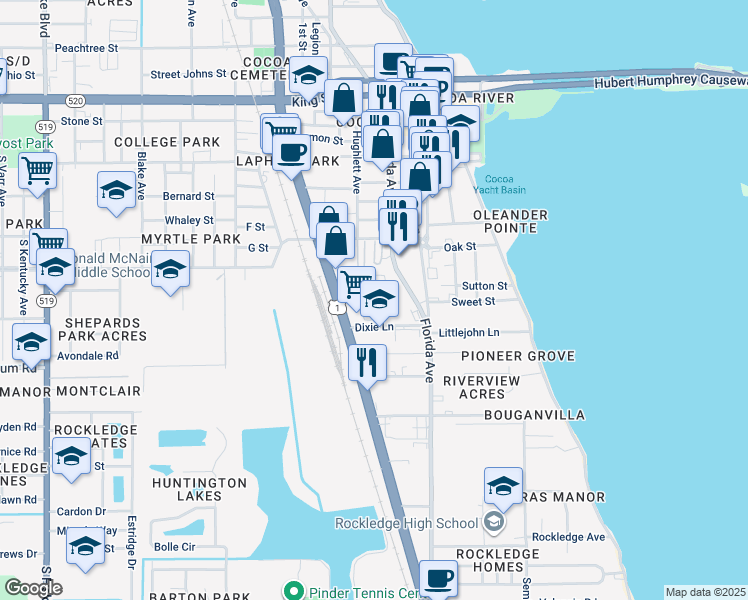 map of restaurants, bars, coffee shops, grocery stores, and more near 940 U.S. 1 in Rockledge