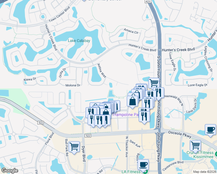 map of restaurants, bars, coffee shops, grocery stores, and more near 3534 Potanow Court in Orlando