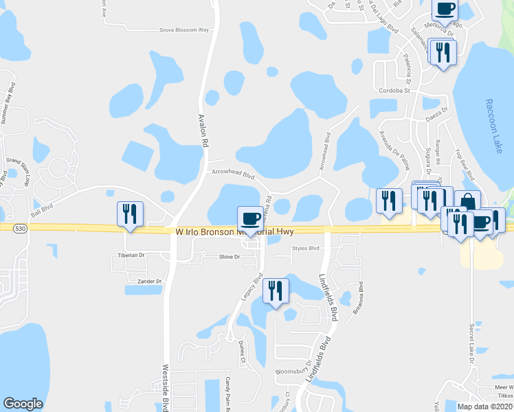 map of restaurants, bars, coffee shops, grocery stores, and more near 14914 Arrena Road in Winter Garden