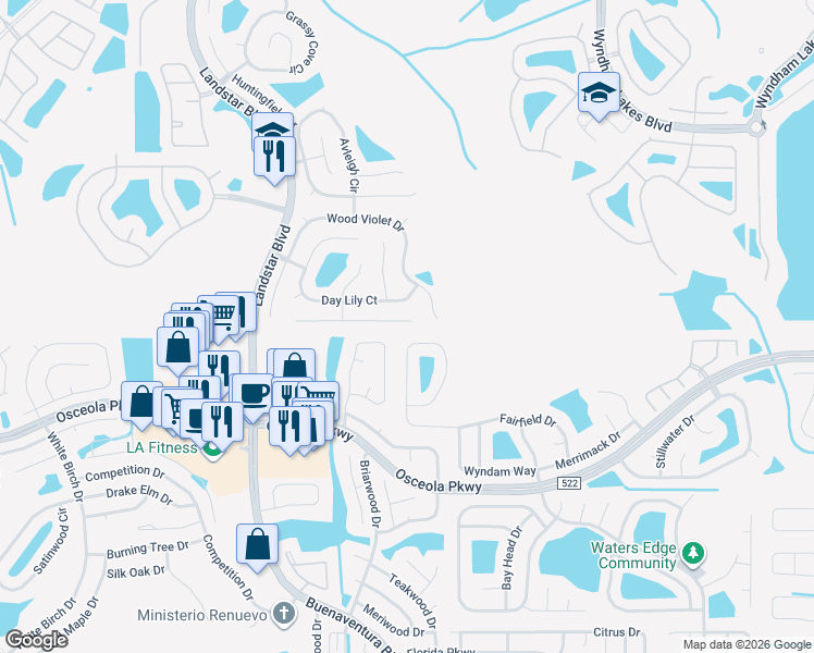 map of restaurants, bars, coffee shops, grocery stores, and more near 1716 Golden Poppy Court in Orlando