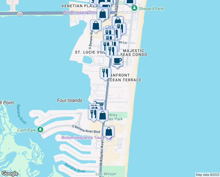 map of restaurants, bars, coffee shops, grocery stores, and more near 3190 North Atlantic Avenue in Cocoa Beach