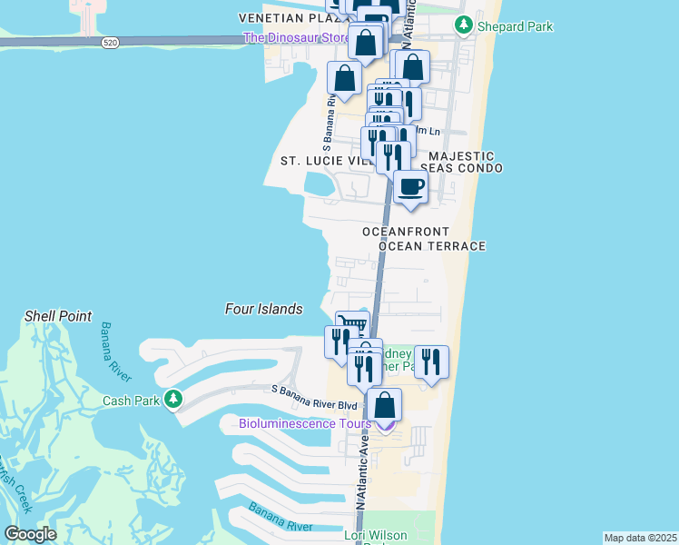 map of restaurants, bars, coffee shops, grocery stores, and more near 60 Manatee Lane in Cocoa Beach