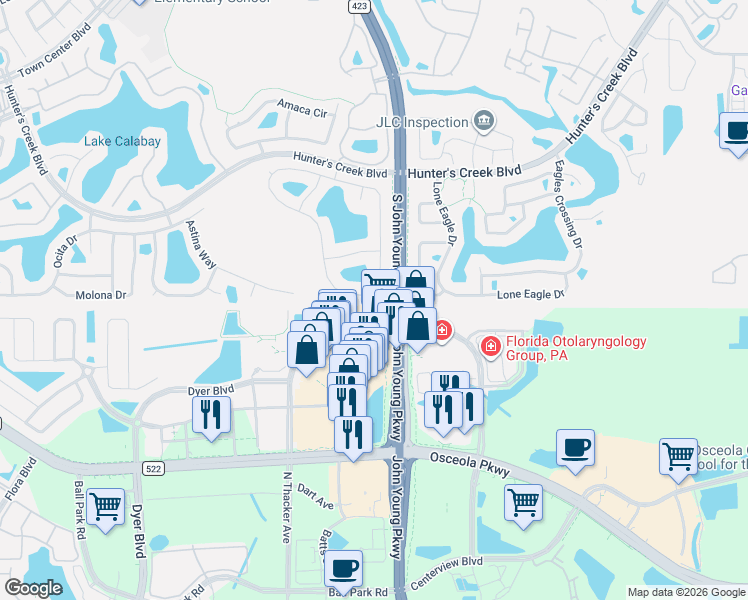 map of restaurants, bars, coffee shops, grocery stores, and more near 3238 Timucua Circle in Orlando