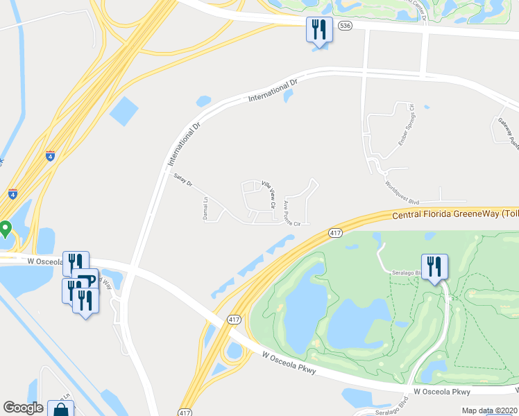 map of restaurants, bars, coffee shops, grocery stores, and more near 8849 Villa View Circle in Orlando