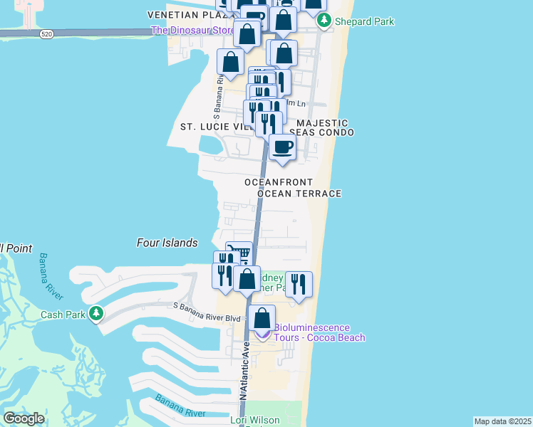 map of restaurants, bars, coffee shops, grocery stores, and more near 3190 North Atlantic Avenue in Cocoa Beach
