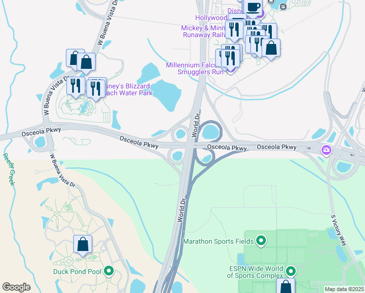 map of restaurants, bars, coffee shops, grocery stores, and more near 4350 Osceola Parkway in Kissimmee