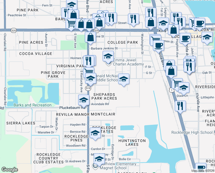map of restaurants, bars, coffee shops, grocery stores, and more near 909 Howard Street in Rockledge
