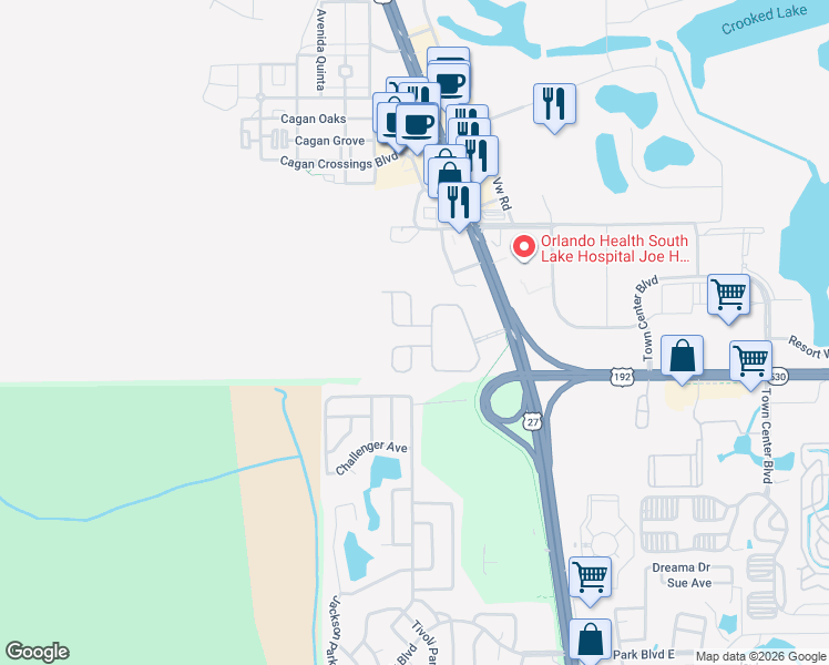 map of restaurants, bars, coffee shops, grocery stores, and more near 16710 Caribbean Breeze Way in Clermont