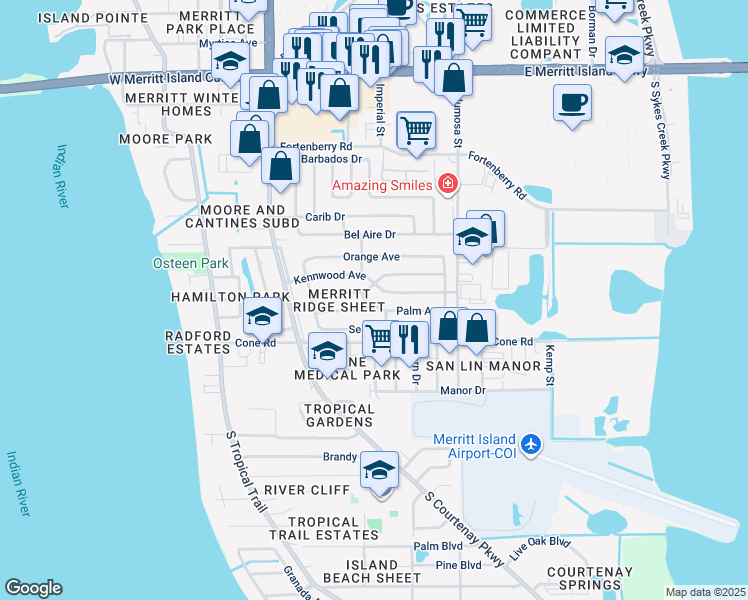 map of restaurants, bars, coffee shops, grocery stores, and more near 502 Palm Avenue in Merritt Island