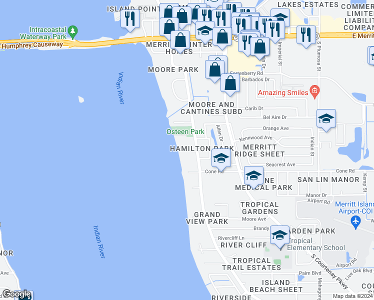 map of restaurants, bars, coffee shops, grocery stores, and more near 160 Kadlac Drive in Merritt Island