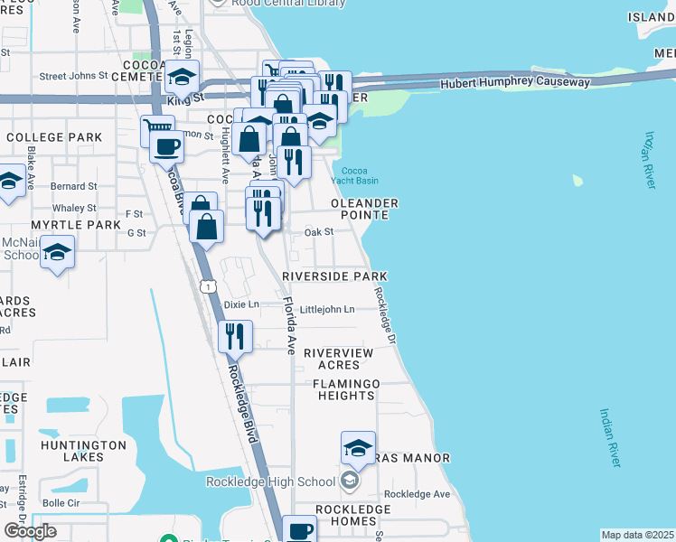 map of restaurants, bars, coffee shops, grocery stores, and more near 29 Sutton Street in Rockledge