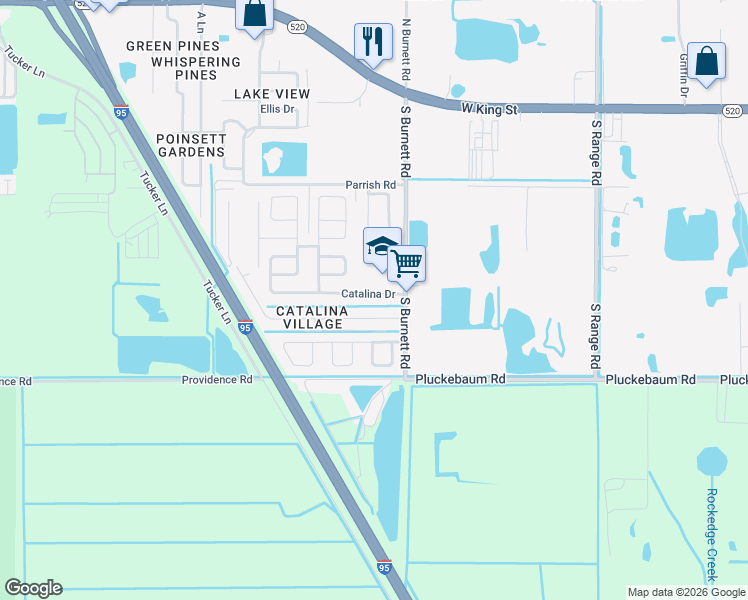 map of restaurants, bars, coffee shops, grocery stores, and more near 3647 Catalina Drive in Cocoa