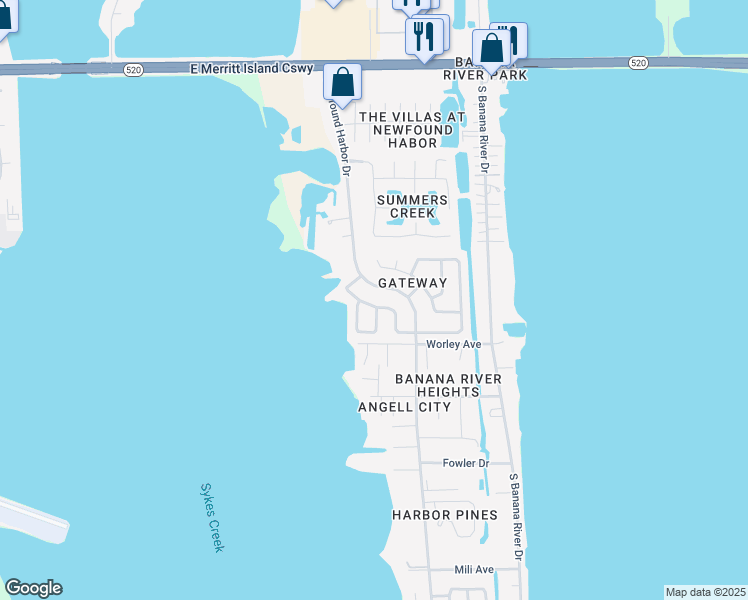 map of restaurants, bars, coffee shops, grocery stores, and more near 480 Gateway Drive in Merritt Island